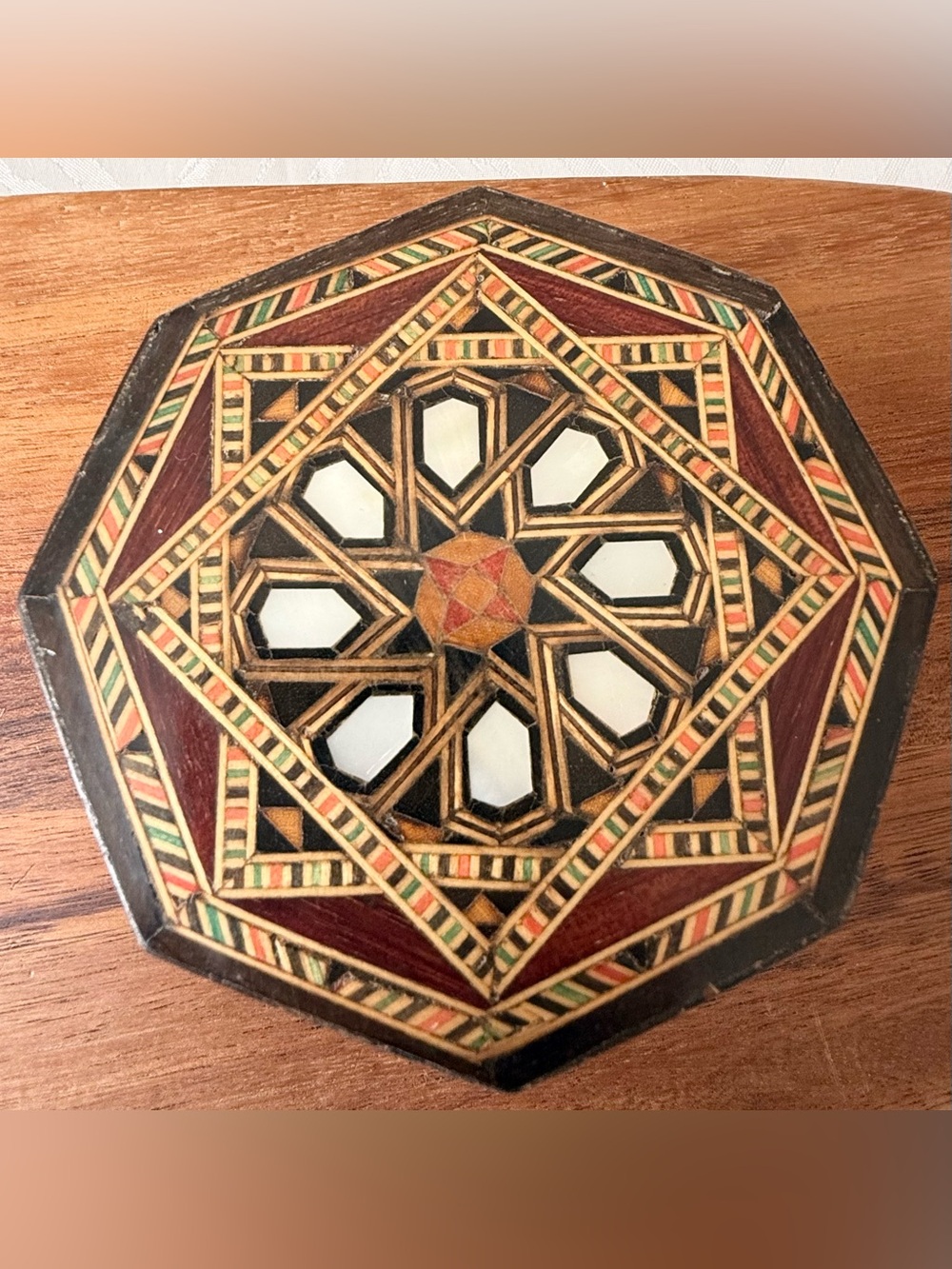 VTG Inlay Wooden Trinket Box MOP Mosaic Jewelry Octagonal